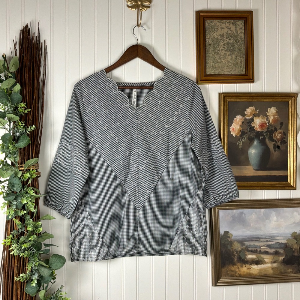 Lea & Nicole Blouse Womens Medium Black White Gingham Embroidered V-Neck
